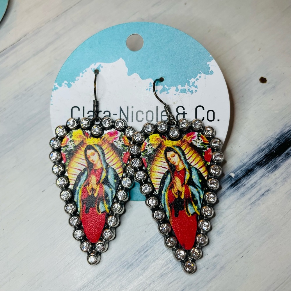✨NWT Colorful Virgin Mary Heart Earrings w Rhinestones
